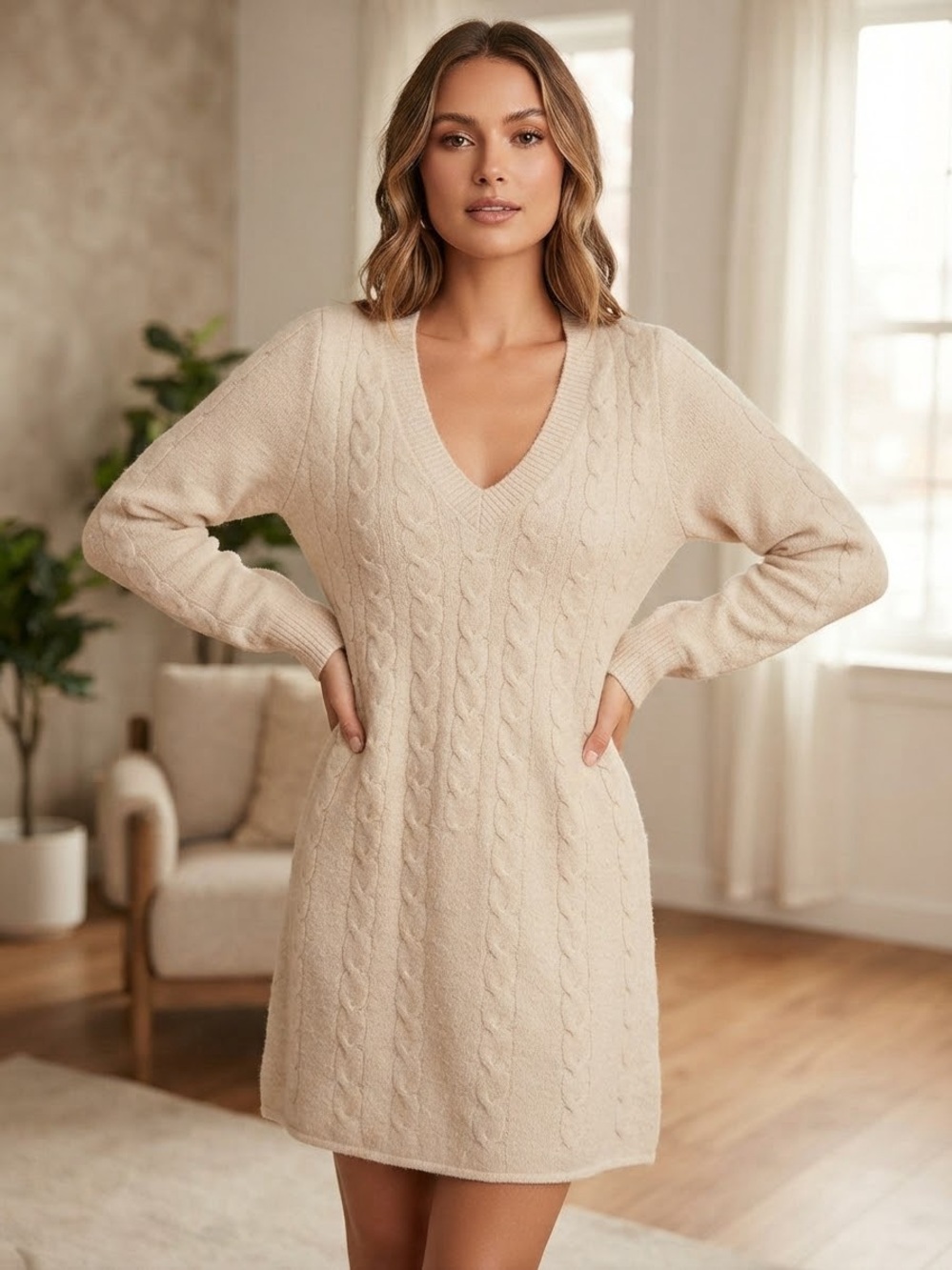 Lulu's Cream Cable Knit V-Neck Sweater Dress